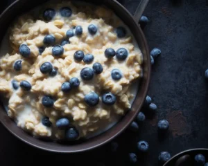 Bowl of overnight oats for weight loss topped with fruits and nuts for a nutritious breakfast.